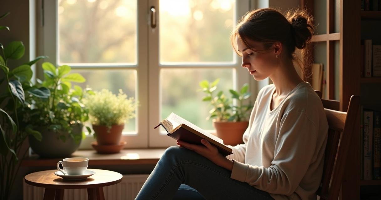 Mulher lendo devocionais e a Bíblia durante um momento de reflexão